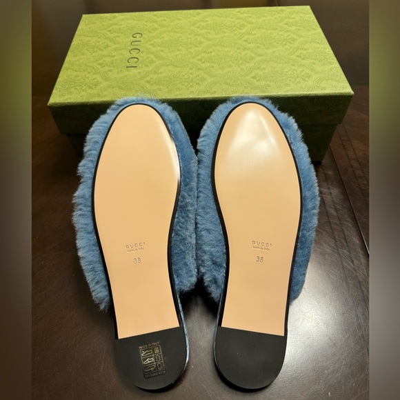 New Gucci GG Faux Fur Slip On Slides Blue Black Size 38 / US 8 - Picture 14 of 15